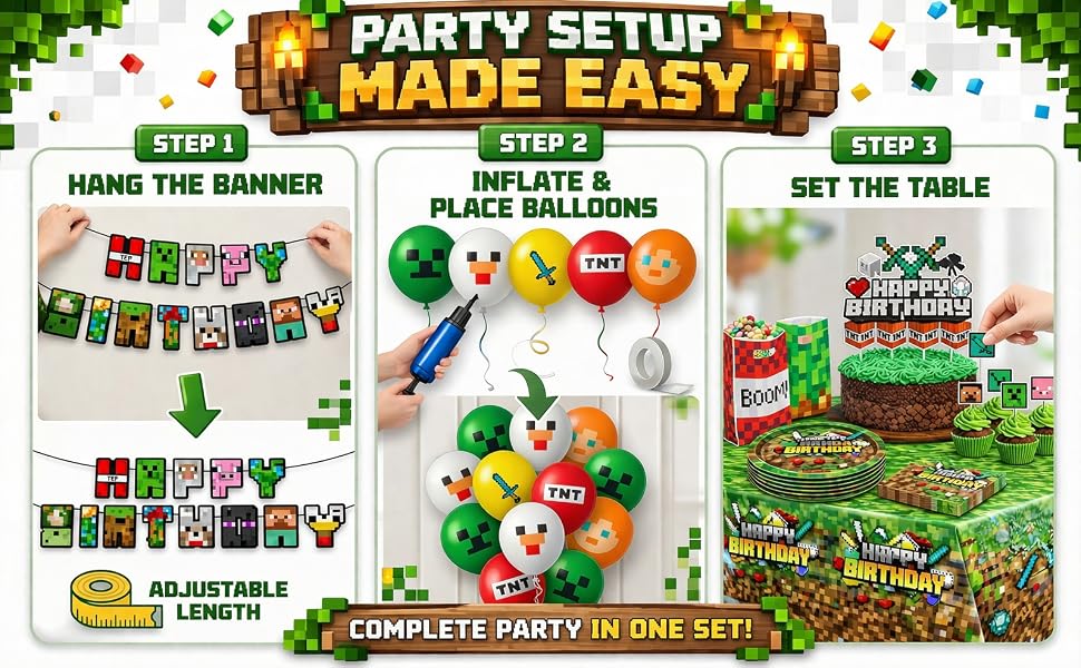 HappySet™ Pixel Birthday Party Decorations Kit with Banner