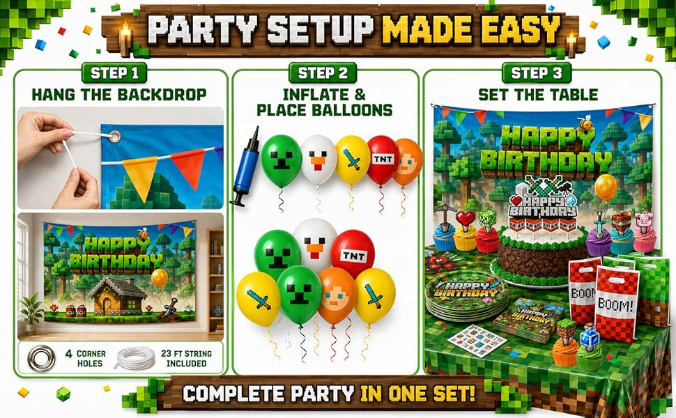 HappySet™ Pixel Birthday Party Decorations Kit with Backdrop